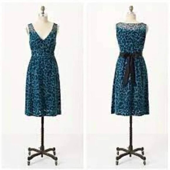 ANTHROPOLOGIE Moulinette Soeurs *FLAWED* Teal Blue Patterned Velvet Silk Dress 4 - Picture 1 of 10